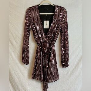 Bardot X Revolve Pink Sequin Belted Long Sleeve Mini Dress Size S NWT's